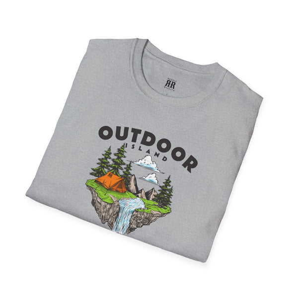Outdoor comfort tee with “OUTDOOR ISLAND” graphic, heather gray crew neck