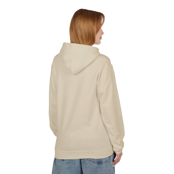 Sand beige western hoodie back view on model, with hood