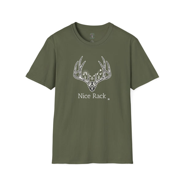 Military green western graphic T-shirt with white antler logo and chest text