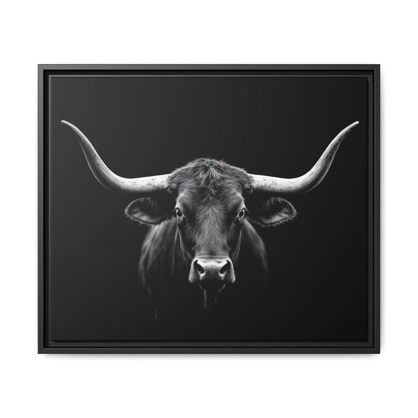 Framed western canvas art featuring a monochrome bucking bull head on black, dark frame
