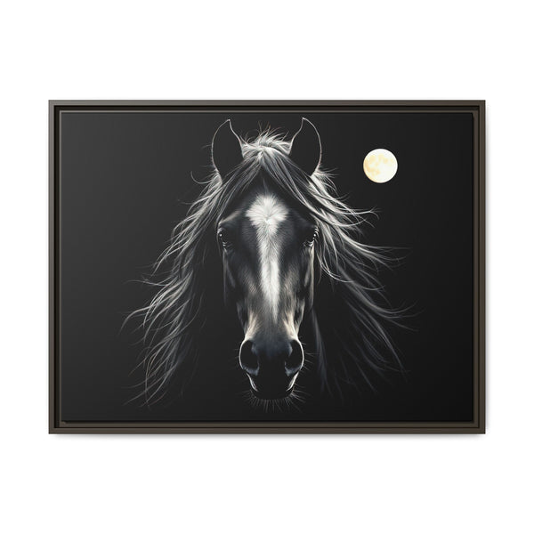 Framed canvas art of a black-and-white horse head with moon, dark frame