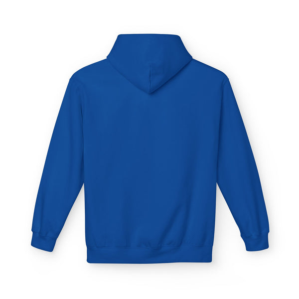 Royal blue pullover hoodie back view with hood and long sleeves
