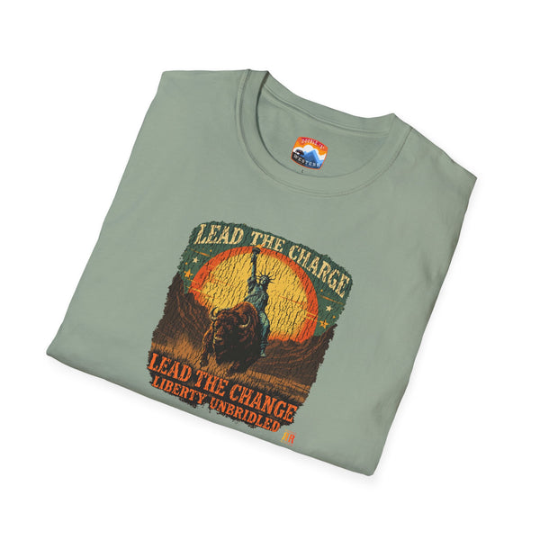 Light green western bison graphic T-shirt with crew neck and short sleeves