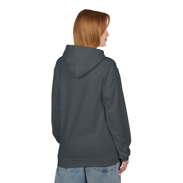 Bison graphic western wear hoodie, dark heather, back view with hood and cuffs