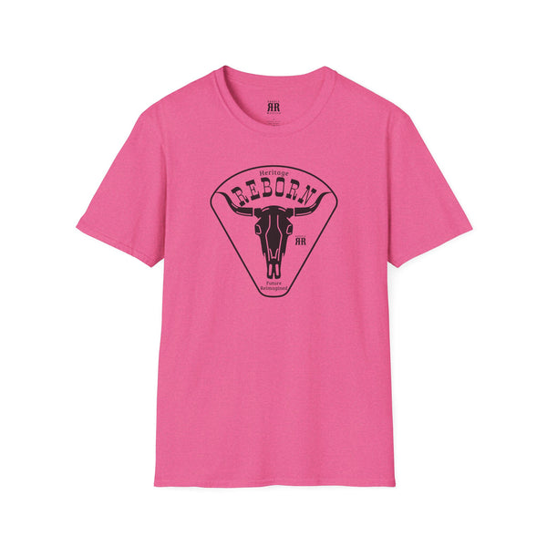 Pink crew-neck T-shirt with front bull graphic inside a triangle logo