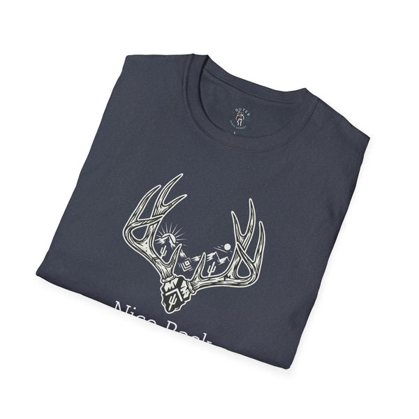 Heather navy western T-shirt with white antler graphic and chest text