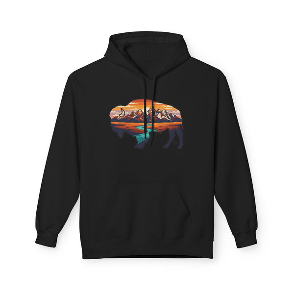 Black western hoodie with front scenic graphic, kangaroo pocket, pullover hood