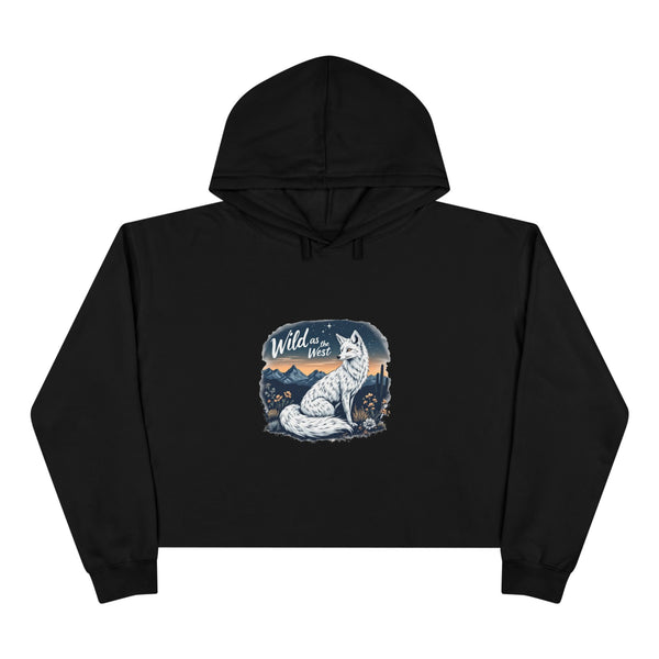 Black women's cropped hooded sweatshirt with front graphic and long sleeves