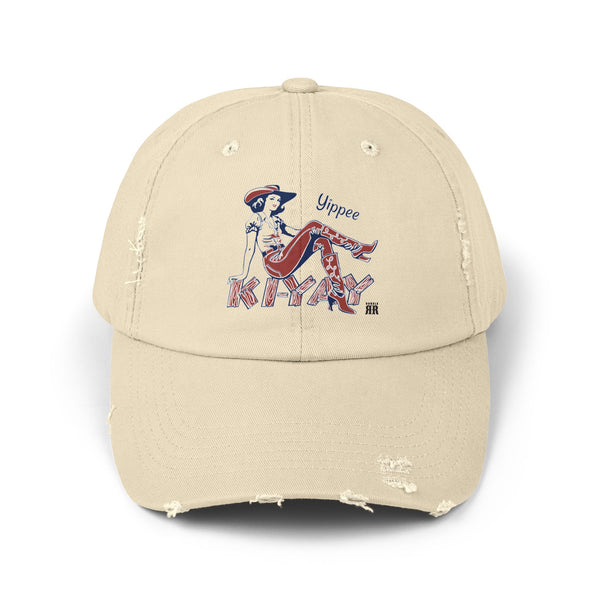 Yippie Ki-Yay Western Wear Distressed Dad Hat in Stone, front view