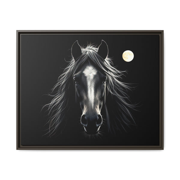 Framed canvas art of a black-and-white horse head with moon, dark frame