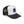 Trucker hat angled view: white front panel, black mesh sides, black brim, bison logo