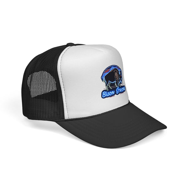 Trucker hat angled view: white front panel, black mesh sides, black brim, bison logo