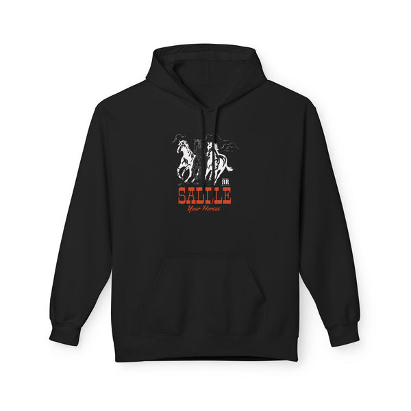 Black western wear hoodie with horse graphic logo on the chest and front kangaroo pocket