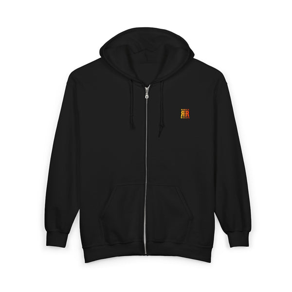 Black unisex full-zip hoodie with drawstring hood and small left chest logo
