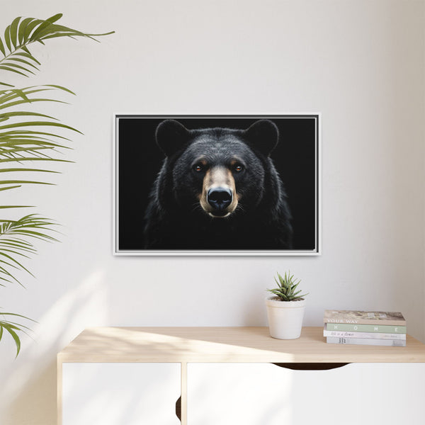 Framed canvas bear portrait with white frame, small wall-hung bear face