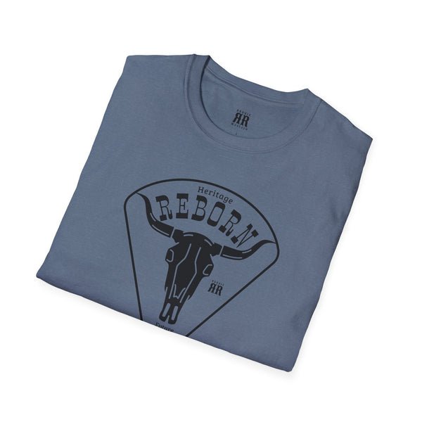 Heather slate blue comfort tee with REBORN Heritage front graphic and crew neck