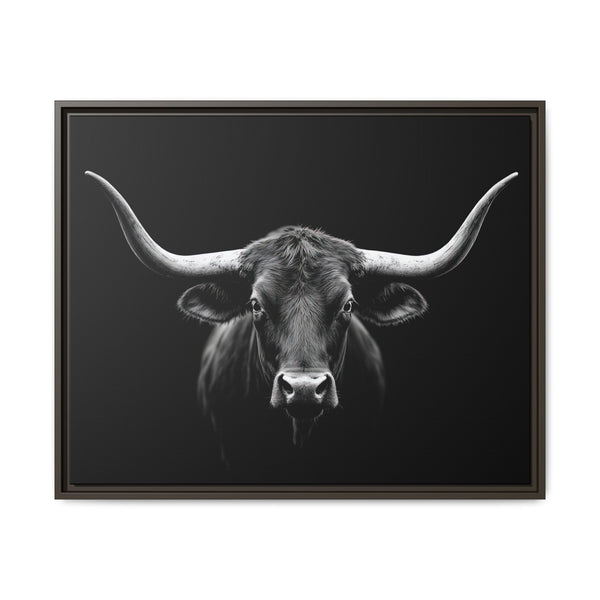 Framed western canvas art of a grayscale bull head with long horns, medium dark frame