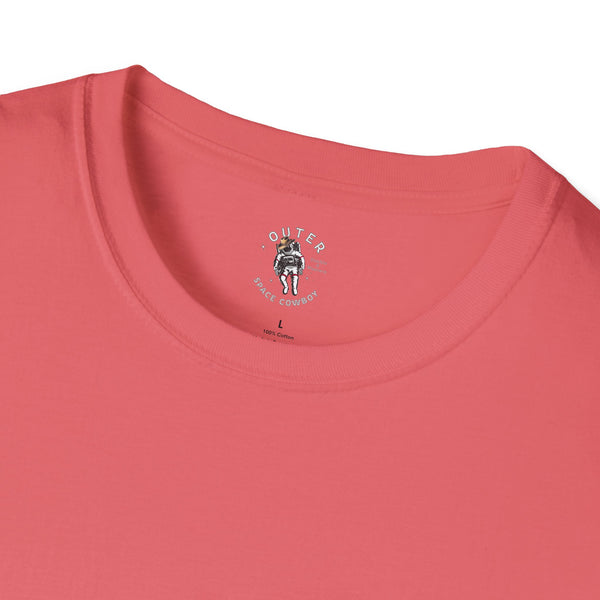 Women’s coral/red T-shirt with small back graphic at the neckline