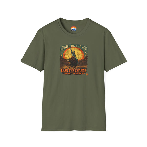 Olive green graphic T-shirt with bison and patriotic text on the front