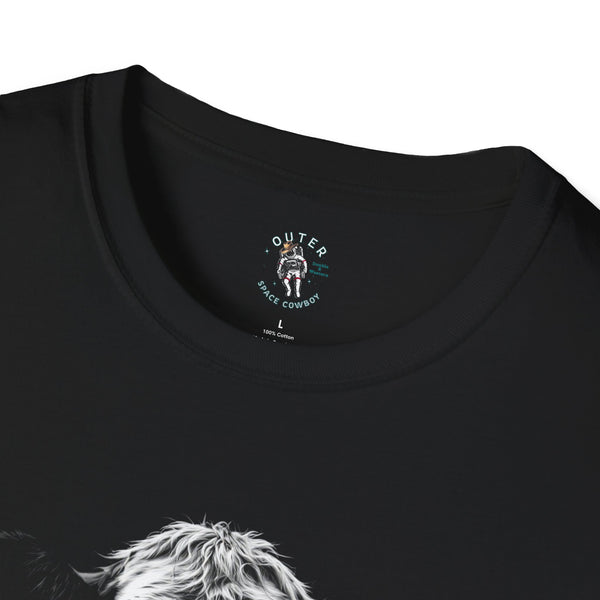Black western T-shirt neckline with small brand logo and partial cow graphic