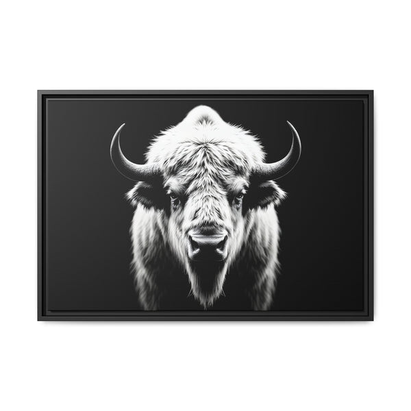 Framed bison art print with bull portrait and horns, black frame