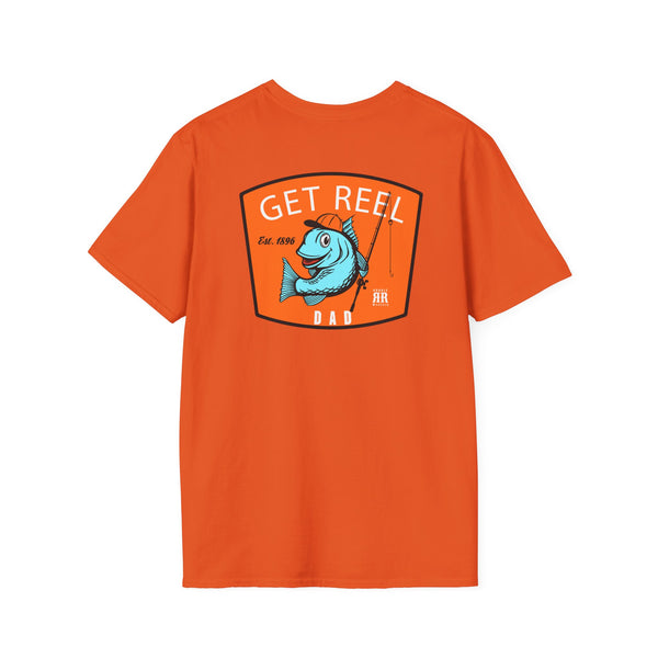 Orange western graphic T-shirt with “GET REEL DAD” front print