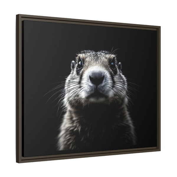 Brown framed canvas art featuring a close-up black-and-white prairie dog portrait