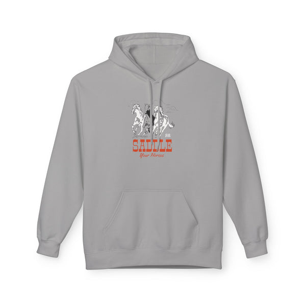 Light gray western wear hoodie with horse graphic logo on the chest and front kangaroo pocket