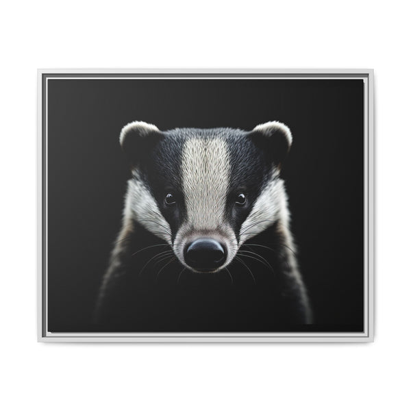 Framed canvas wall art featuring a badger face, silver frame.