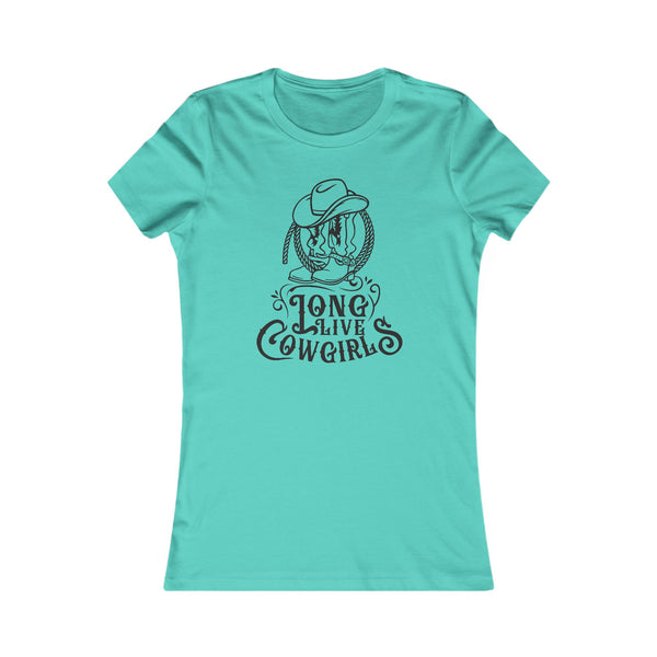 Teal graphic t-shirt with cowgirl hat and “LONG LIVE COWGIRLS” text