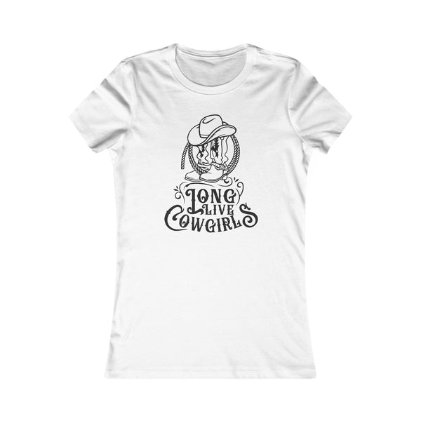 White graphic t-shirt with cowgirl hat and “LONG LIVE COWGIRLS” text