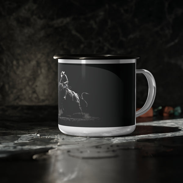 Black enamel camp mug with white handle and base, bucking bull illustration.