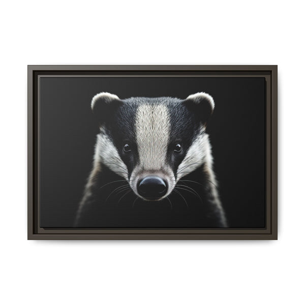 Framed canvas wall art featuring a badger face, dark brown frame.
