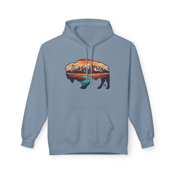 Stone Blue western hoodie with front scenic graphic, kangaroo pocket, pullover hood