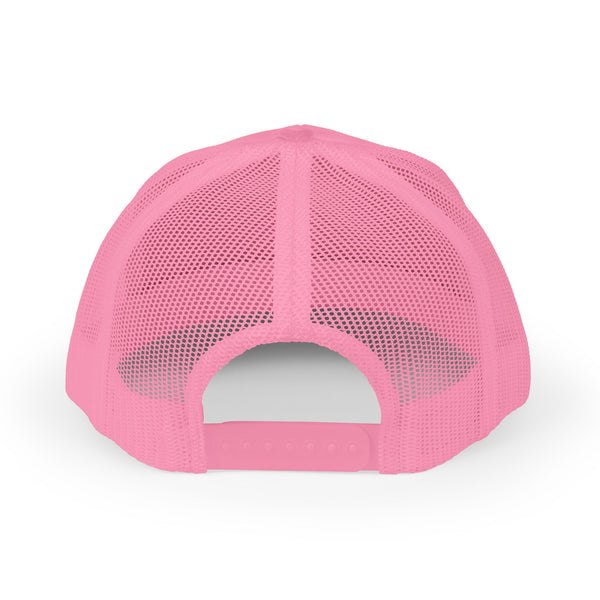 Pink mesh trucker hat with curved brim and snapback closure at back opening