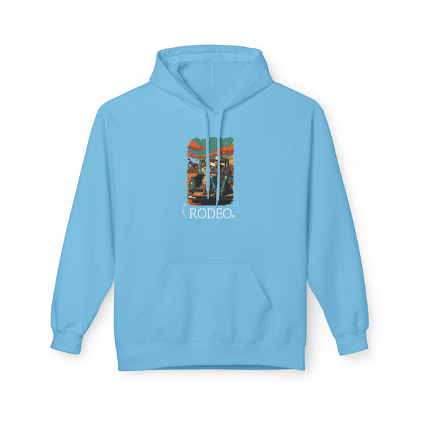 Sky blue western wear hoodie with hood and kangaroo pocket, Rodeo graphic on chest.