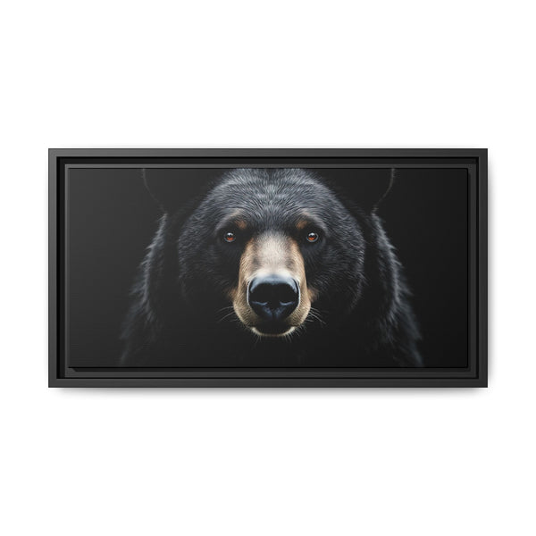 Framed canvas bear portrait with black frame, close-up black bear head