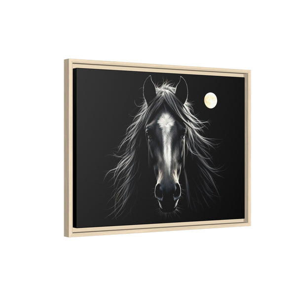 Framed western canvas art of a black-and-white horse head with a moon