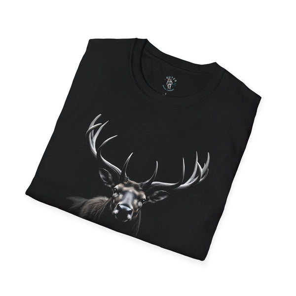 Black crewneck tee with large monochrome deer head graphic, angled view