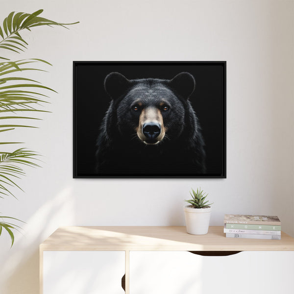 Framed canvas bear portrait with black frame, small wall-hung bear face