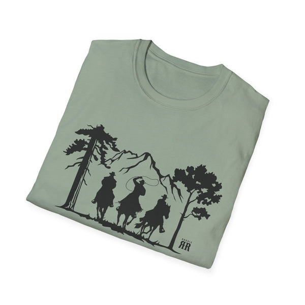 Green crew neck T-shirt with black ranch silhouette graphic on front