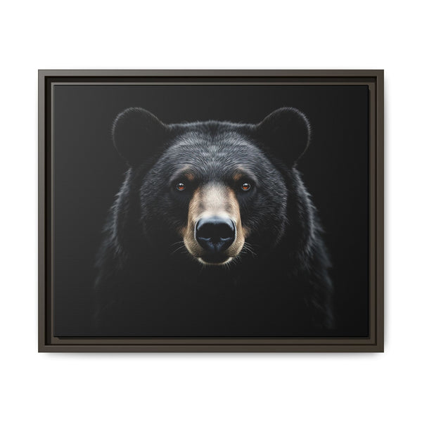 Framed canvas wall art of a black bear portrait with dark ears and snout