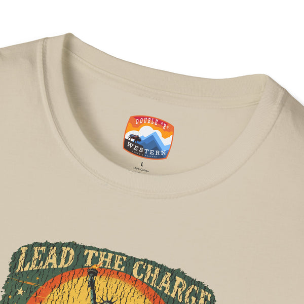 Beige crewneck T-shirt neckline with small logo patch label and partial print