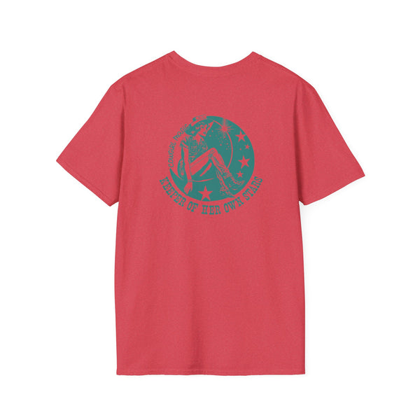 Red women’s T-shirt with circular green back graphic logo