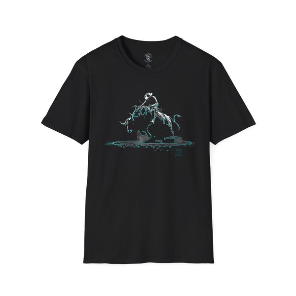 Black T-shirt with neon turquoise bull rider graphic on the front