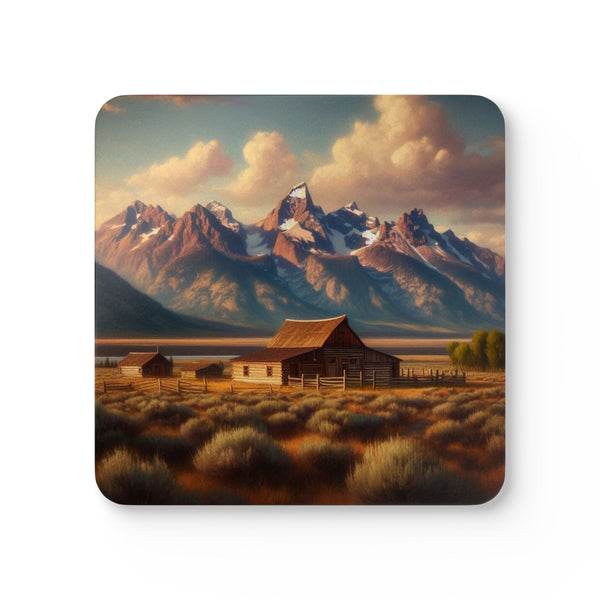 Teton Pioneer Homestead Coaster Set with western mountain artwork, single coaster front view