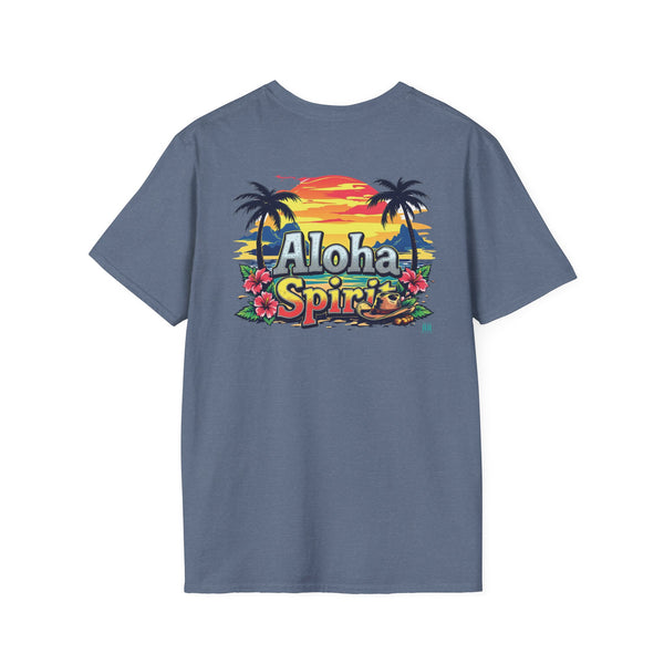 Men's slate-blue T-shirt with large front Aloha Spirit graphic and crew neckline