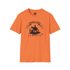 Orange T-shirt with cowboy silhouette and “Long Live” ribbon graphic at chest