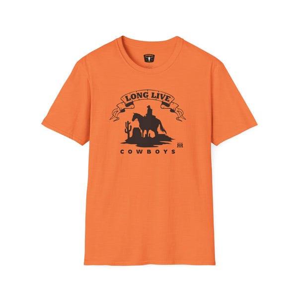 Orange T-shirt with cowboy silhouette and “Long Live” ribbon graphic at chest