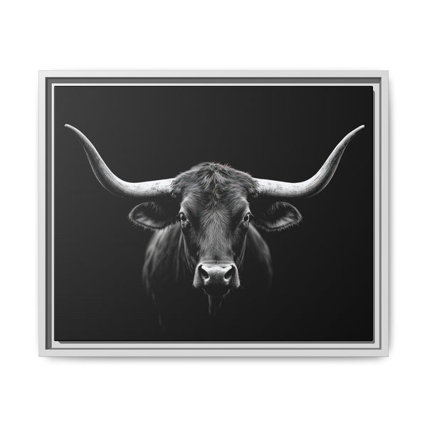 Framed western canvas art of a grayscale bull head with long horns, light silver frame
